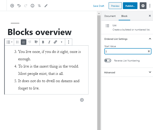 set a start value for List WordPress Block  