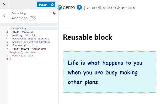 write down css properties in WordPress customizer