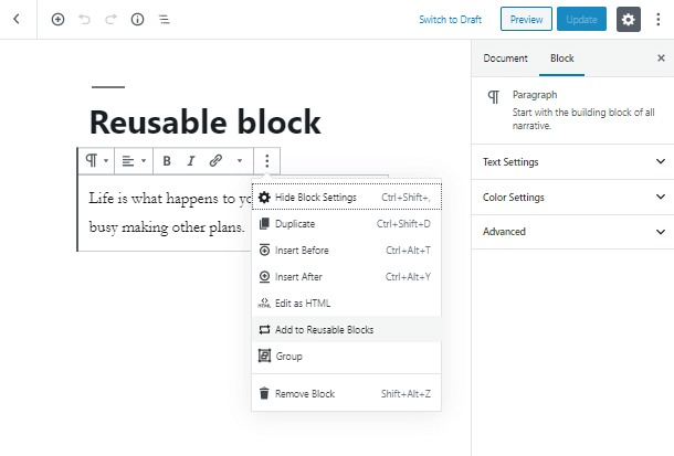 wordpress reusable image and text blocks