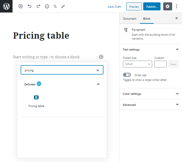 add a pricing table WordPress block