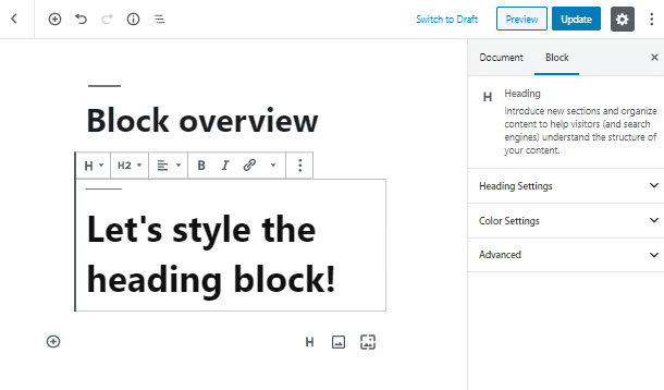 create Heading WordPress block