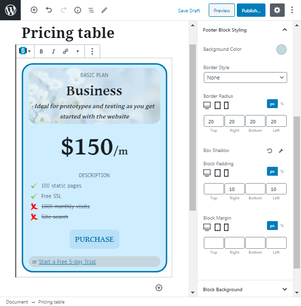 background for footer in pricing table