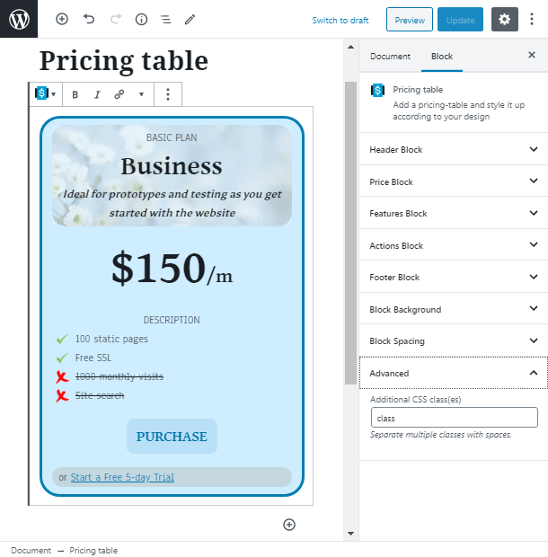 css class in pricing table wordpress