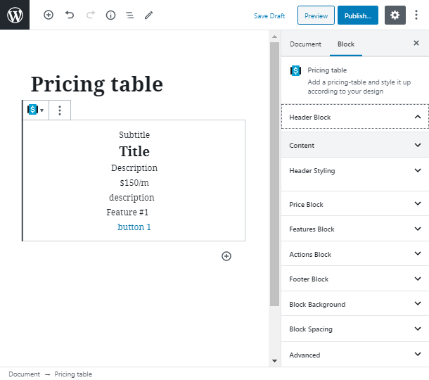header block in pricing table WordPress