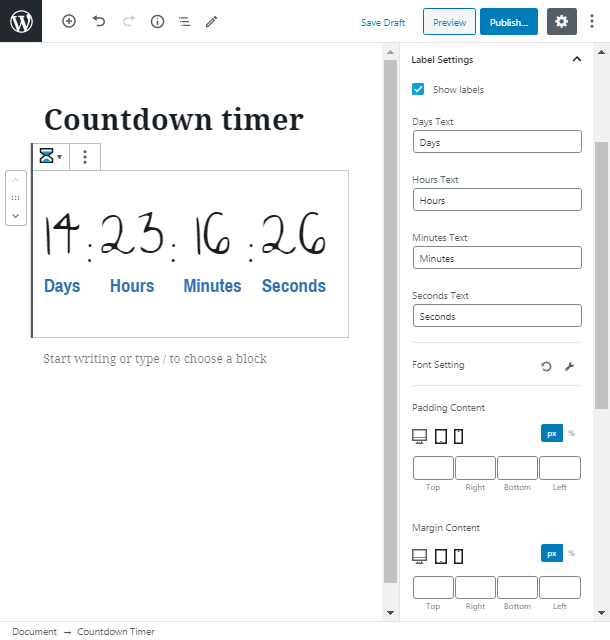 value settings countdown timer wordpress widget