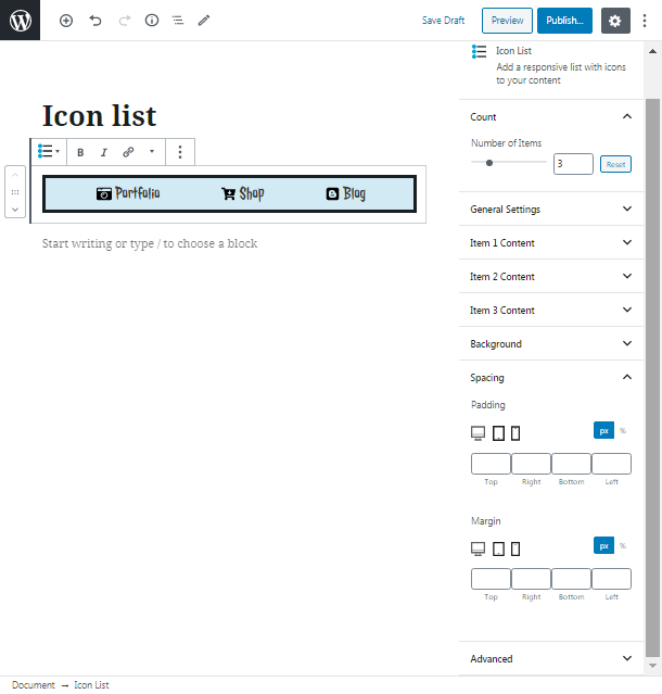 spacing tab icon list wordpress