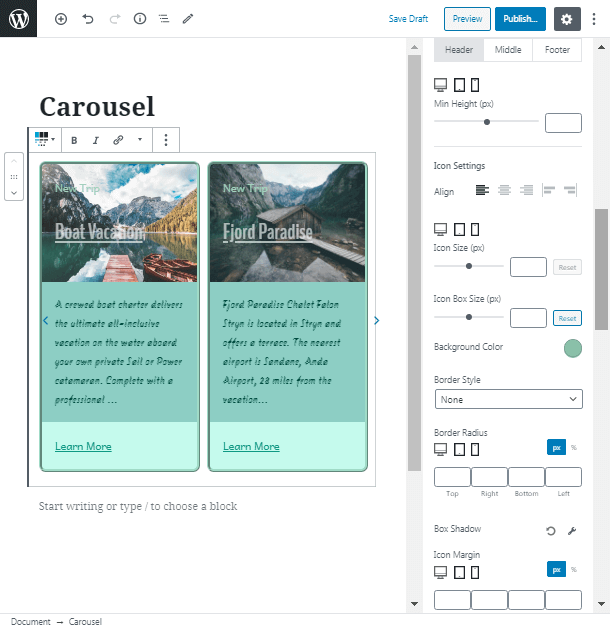 Style Settings of WordPress carousel block
