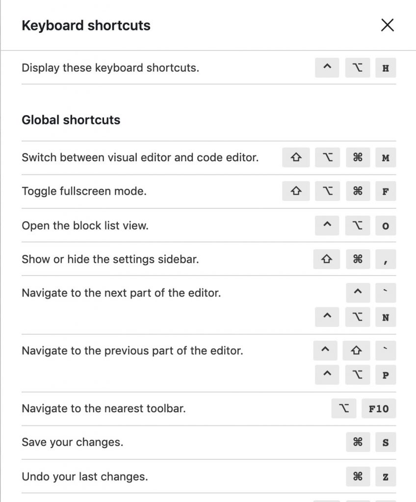 Gutenberg keyboard shortcuts