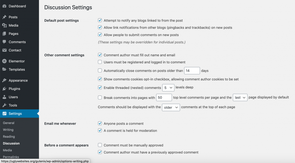 Default settings on how to create a website with Elementor