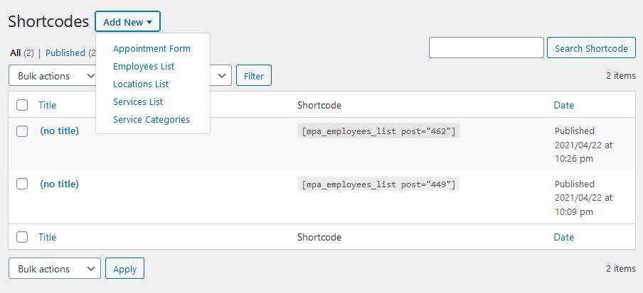 Shortcodes in the Appointment Bookings plugin.