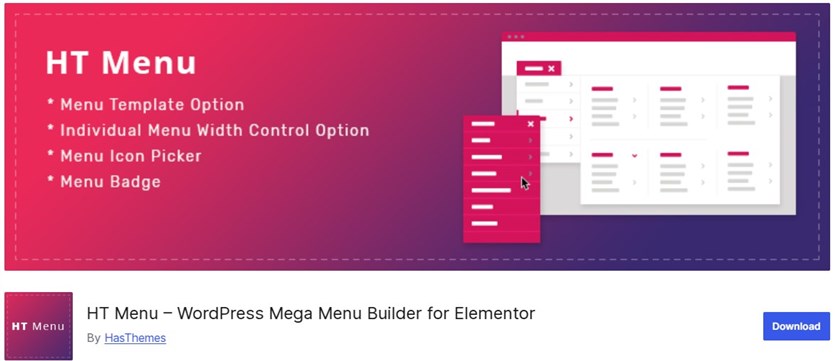 Screenshot of the HT Menu plugin for Elementor.