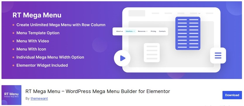 Screenshot of the RT Mega Menu for Elementor official page.