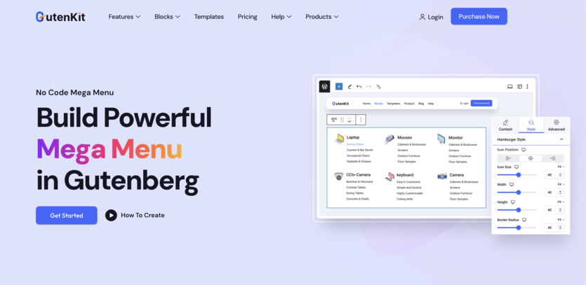 Screenshot of the Gutenkit mega menu homepage.