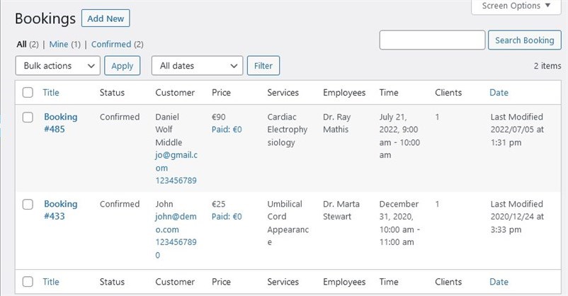 appointment booking in admin dashboard