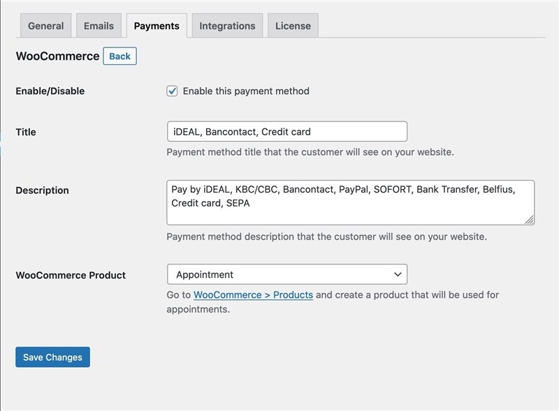 connect woocommerce payment options to appointment booking plugin