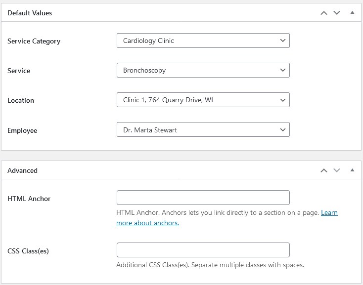 Default values in the appointment form.