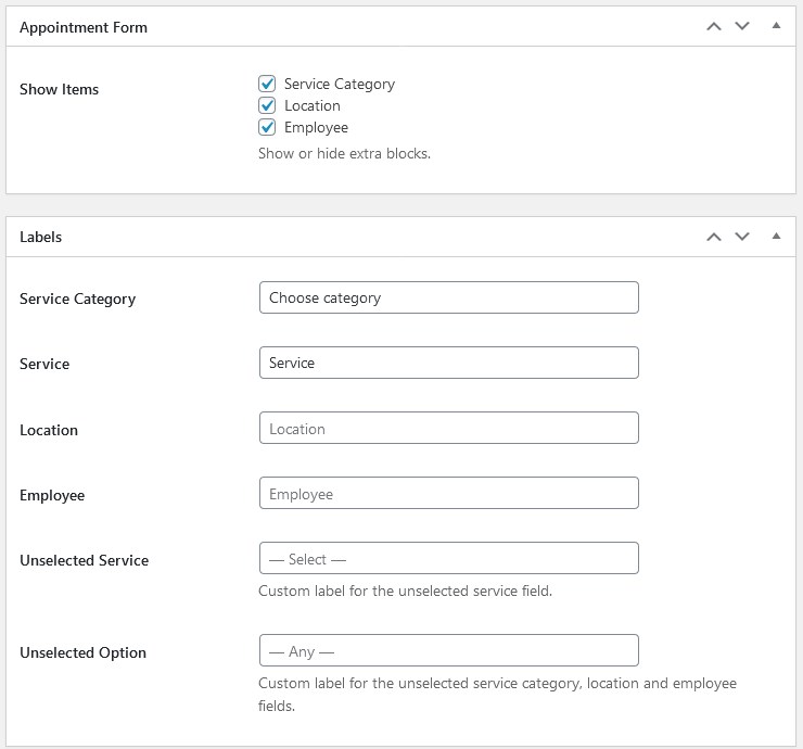 Settings for the appointment form shortcode.