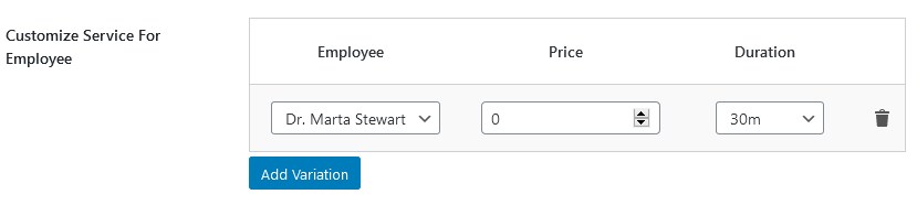 A section to customize a service for employee.
