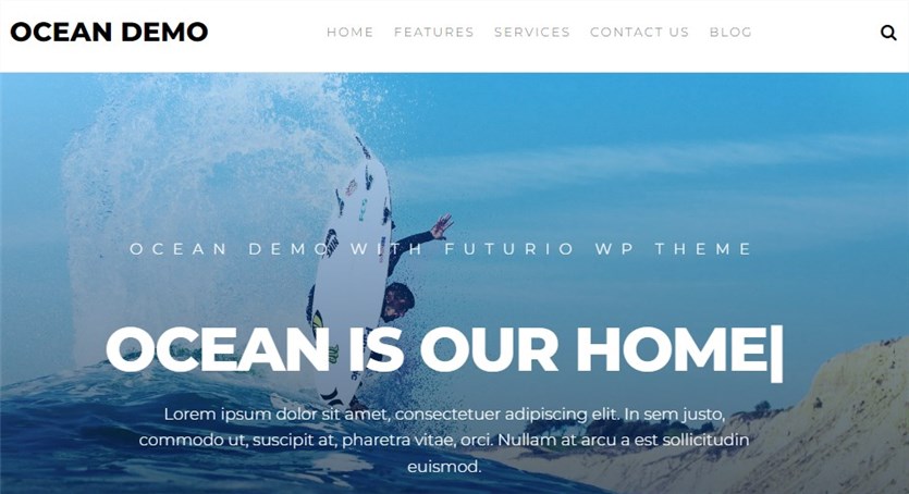 Futurio ocean demo page, made in white and blue colors.
