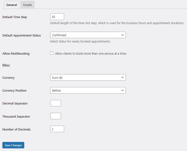 General settings of the Appointment Bookings Lite plugin.