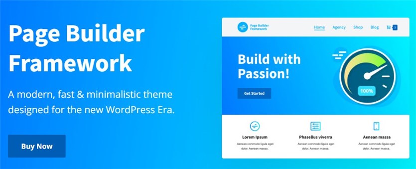 Page builder framework homepage in the blue gradient color.