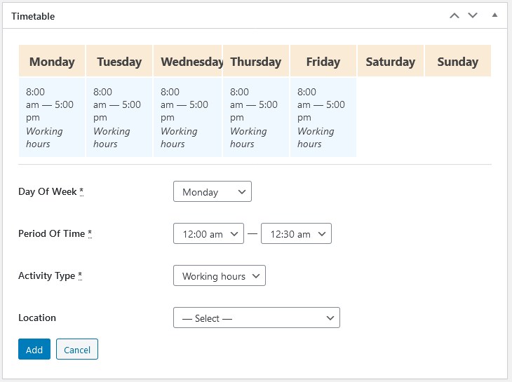 Personal timetables for employees with working days, weekends and breaks.