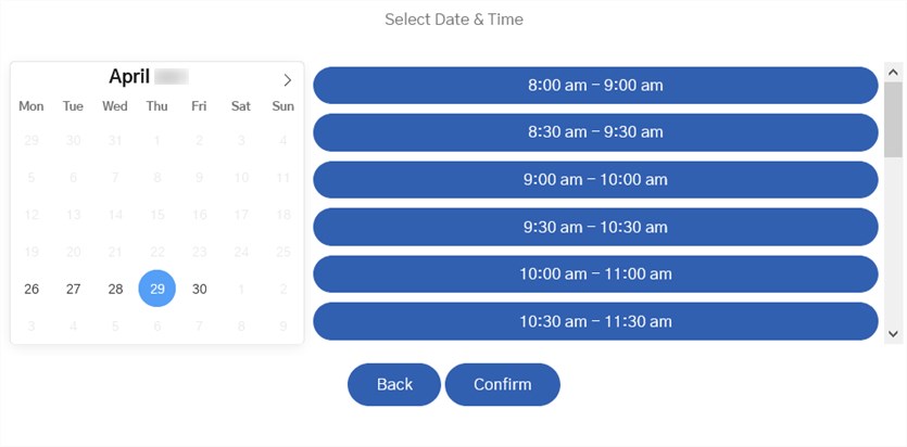 A calendar in blue and white colors to choose dates and time slots.