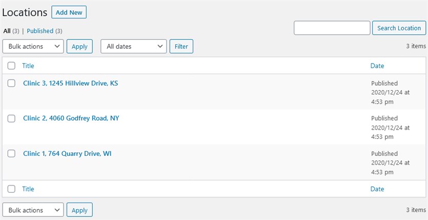 Locations menu with three clinics and addresses.