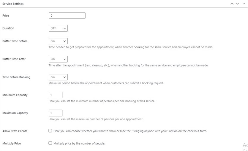 Service settings menu in the Appointment Booking Lite WordPress scheduler plugin.