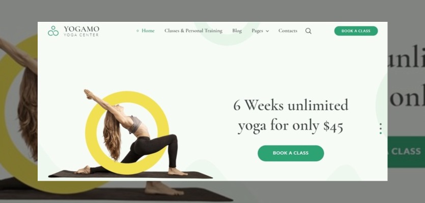 Collage of the Yogamo yoga WordPress theme.