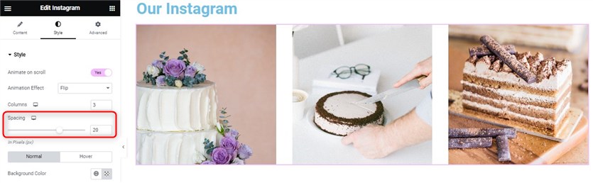 Screenshot of the Stratum addon settings with the spacing between images in the Instagram Elementor widget.