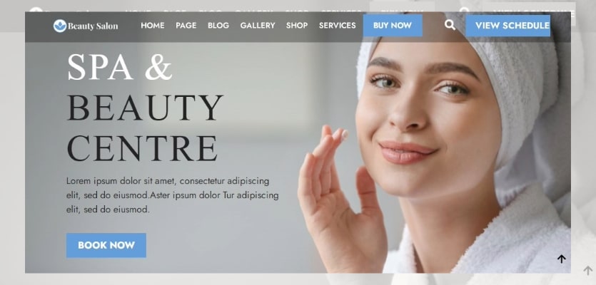 Collage of the Beauty Salon Spa WordPress demo template in gray, blue and white colors.