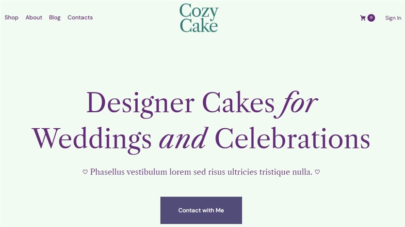 Front page of the CozyCake Elementor starter template by Gutenix in light-blue and violet colors. 