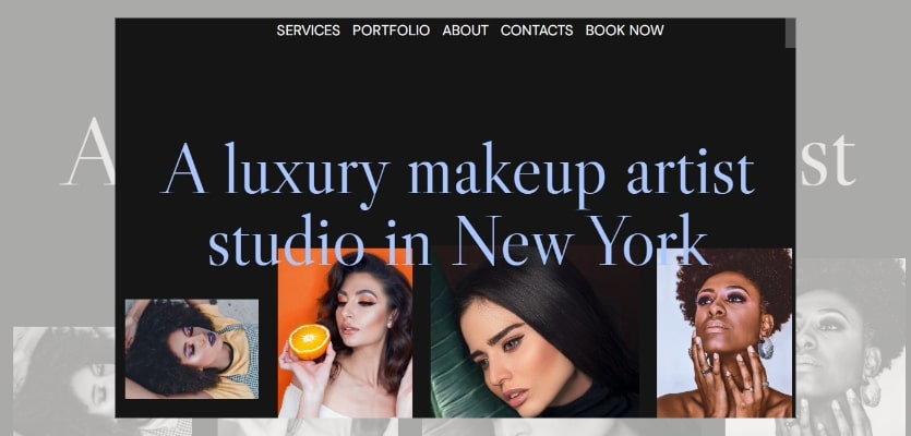 Collage of the Gutenix GoodLook makeup artist website template in dark mode.