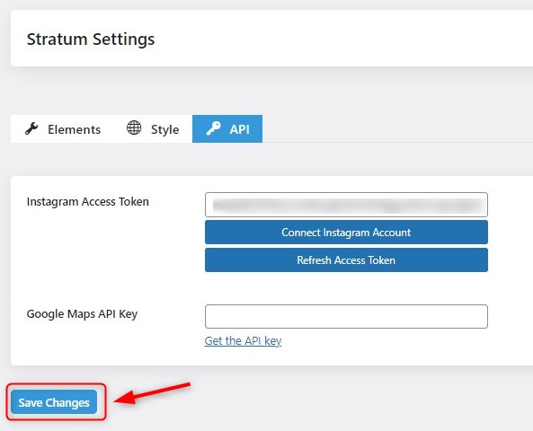 Screenshot of the Stratum addon settings with the generated Instagram Access Token