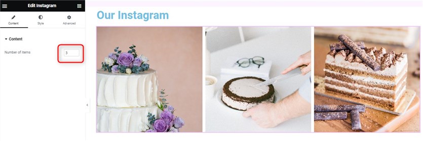 Screenshot of the Stratum Elementor Instagram feed widget content settings to select the number of images on a WordPress site.