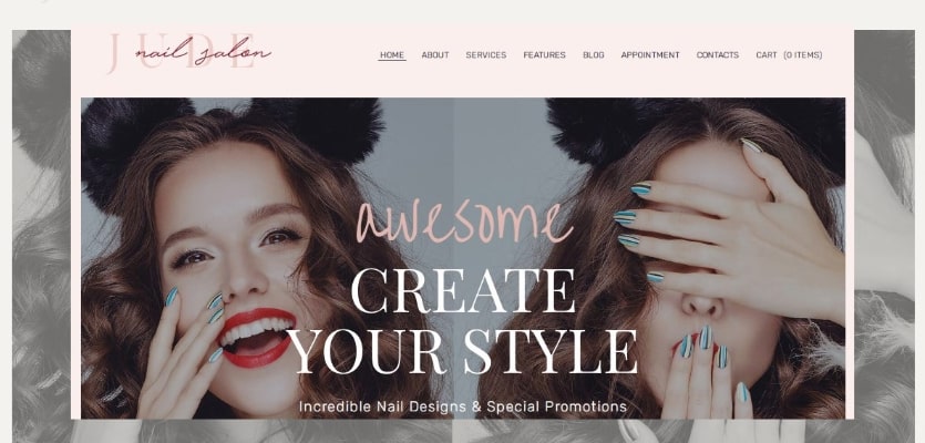Collage of the Jude nail and makeup artist WordPress template for websites in pink, white and black colors.