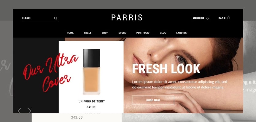 Collage of the Parris makeup artist WordPress template in beige, black and white colors.