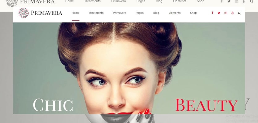 Collage of the Primavera website template for makeup artist websites in white and red colors.