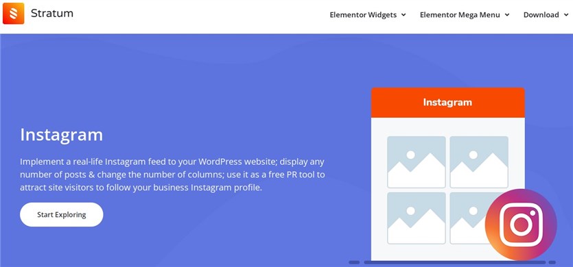 Screenshot of the Stratum Elementor Instagram feed demo page in orange and blue colors.
