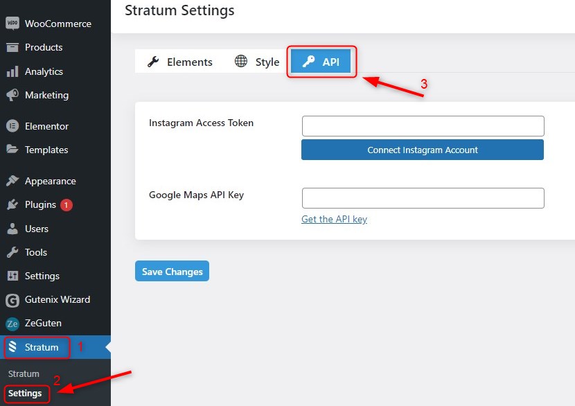 Screenshot of the WordPress admin dashboard that displays Stratum settings and API tab to connect Instagram account.