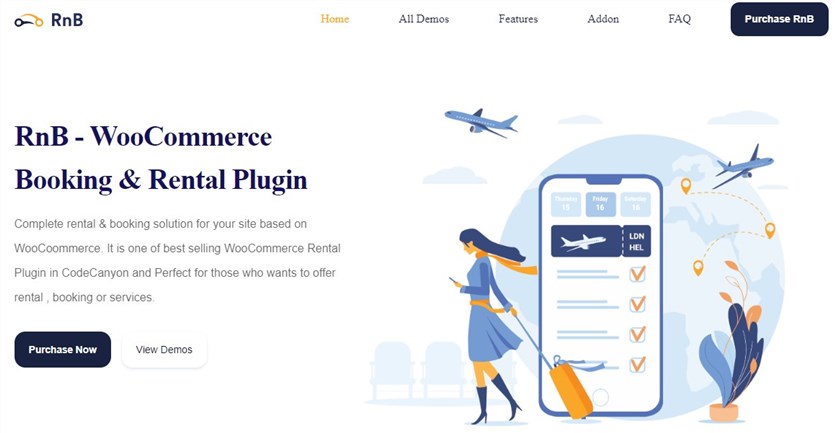 Screenshot of the RnB WooCommerce Booking and Rental Plugin homepage.