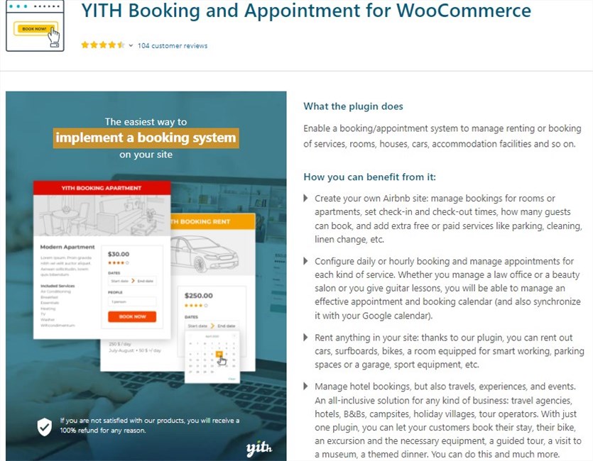 Screenshot of the YITH Booking and Appointment for WooCommerce plugin homepage.