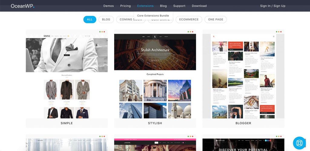 Artwork of OceanWP free themes and eye-catching demo sites included with the mentioned multipurpose theme for WordPress.
