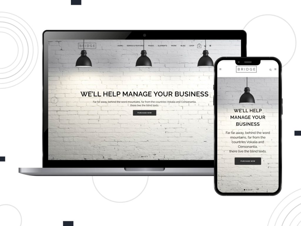 Screenshot of Bridge - bright, inviting, WordPress multipurpose theme in dark gray color scheme.