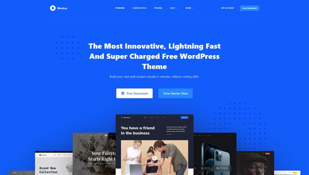 Depiction of Blocksy, one of the free multipurpose WordPress themes that provides well-optimized performance.
