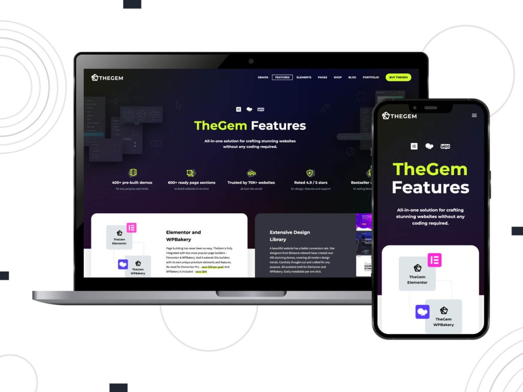 Illustration of TheGem - dim, calm, creative site designs enabled by advanced background options in WordPress multipurpose theme in blue violet, green yellow, and black color mix.