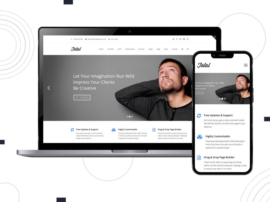 Screenshot of Total - bright, rich, WordPress multipurpose theme featuring wide plugin compatibility in dark olive green, light gray, and light steel blue color array.