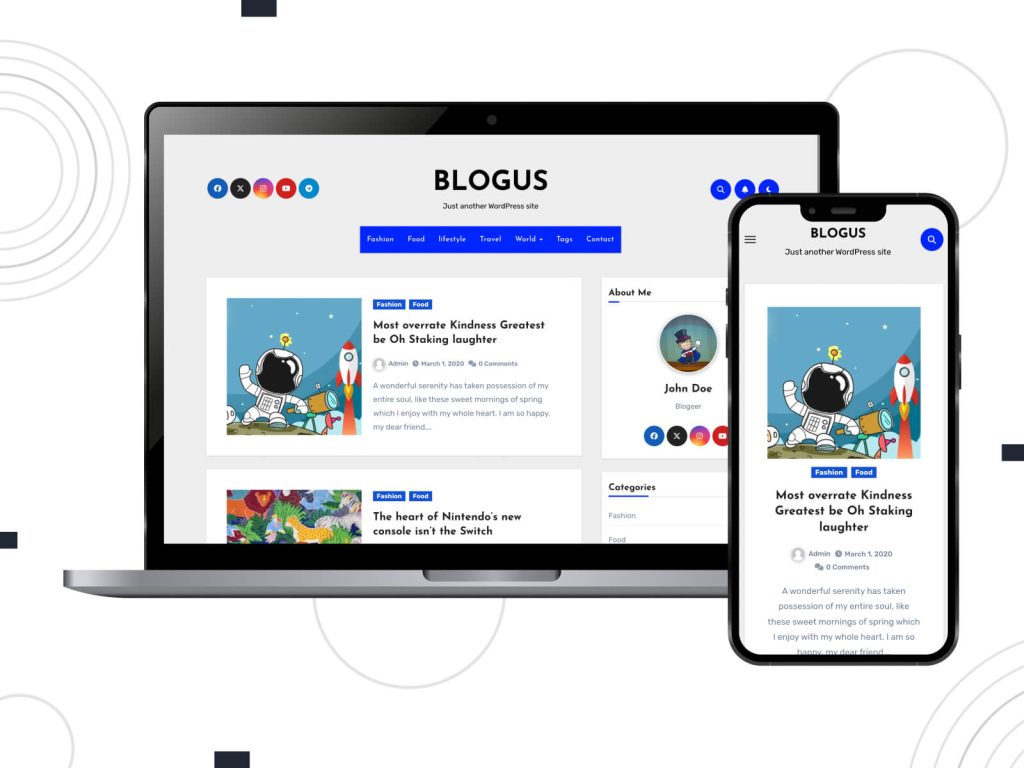 Picture of Blogus - luminous, calm, WordPress multipurpose theme in cadet blue, sienna, and royal blue color scheme.
