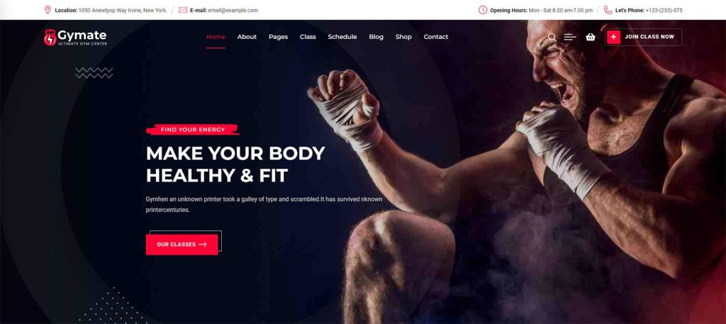 Representation of Gymat, one of the best fitness WordPress themes with an integrated timetable for your workouts.